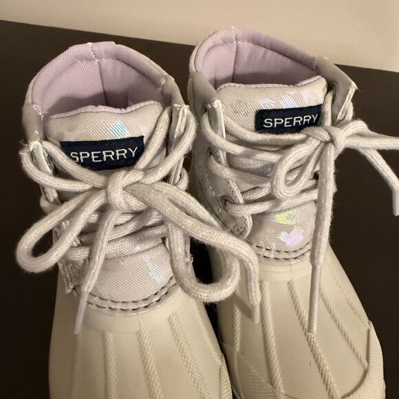 Sperry Toddler Duck Boots Size 6 Gray White Iridescent Lace-Up Rain Boots - Picture 7 of 10